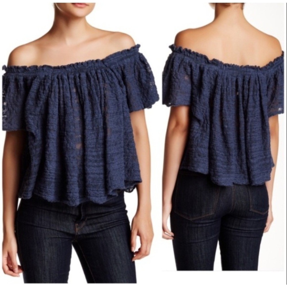 Free People Womens Off The Shoulder Lace Knit Ruffle Blouse Blue XS OB410884